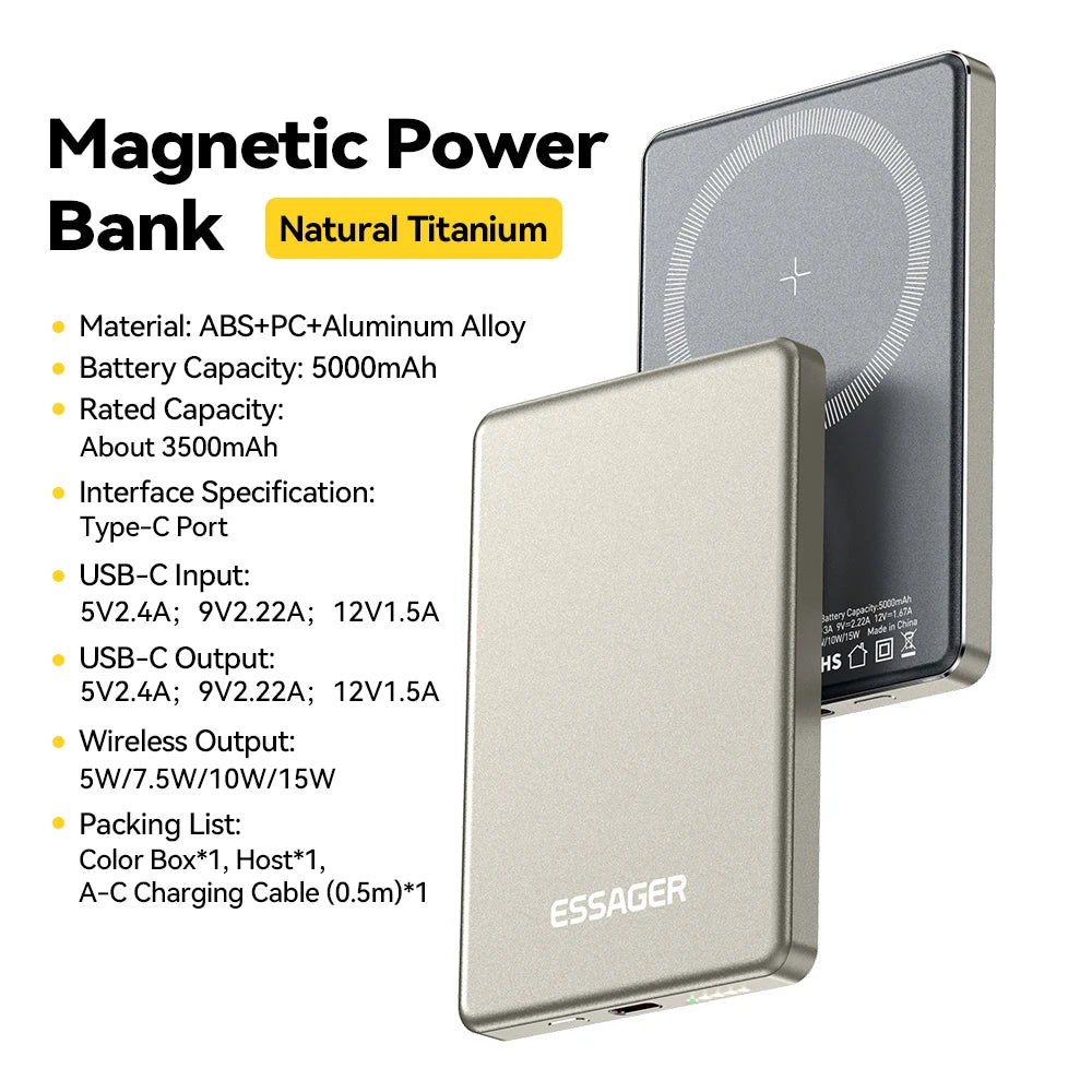 Essager Thin Wireless Power Bank Magnetic 20W 5000mAh Portable Fast Charging Magsafe For iPhone