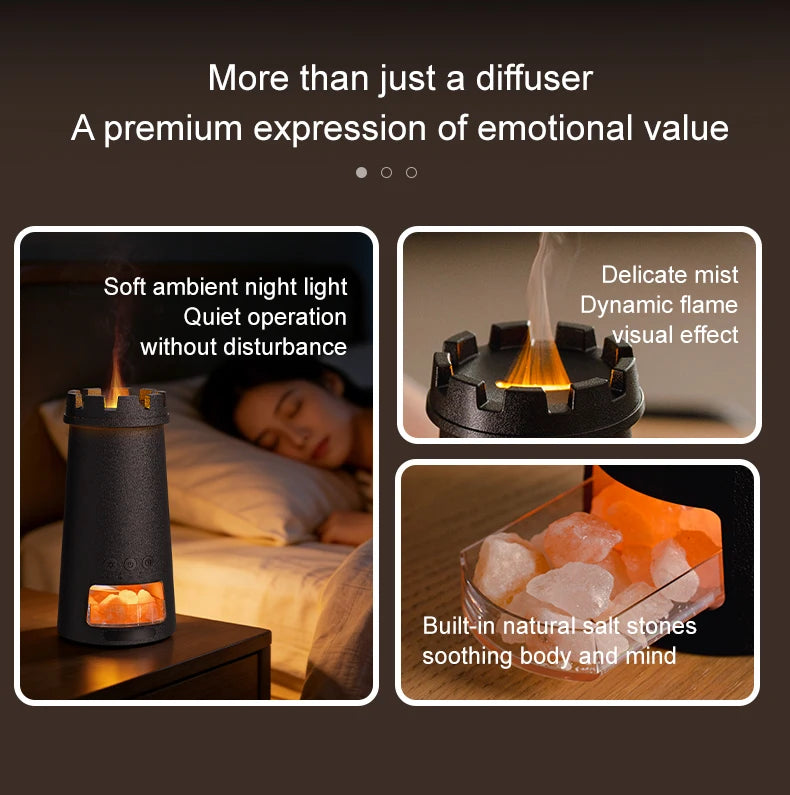 Lighthouse Aroma Diffuser with 7-Color Simulated Flames,Home Decoration, Natural Saltstone Diffuser, Air Humidifier for Bedroom