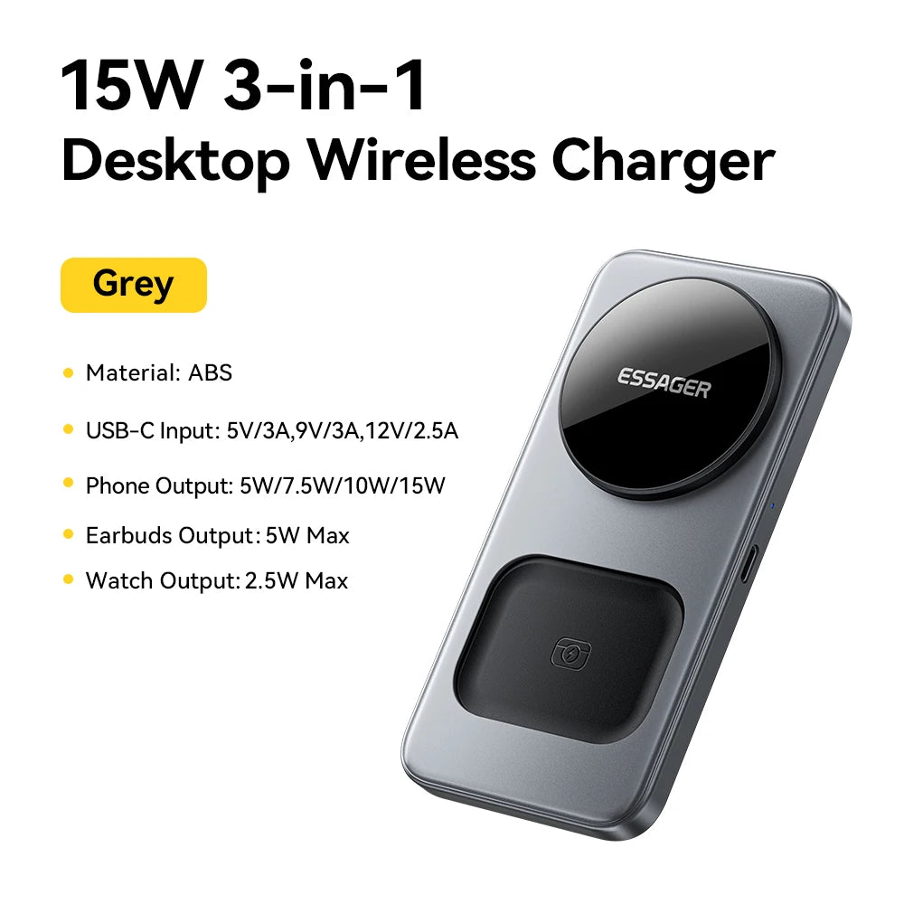 ESSAGER 15W 3-in-1 Magnetic Wireless Charging iPhone AirPods Watch Fast Charging Holder